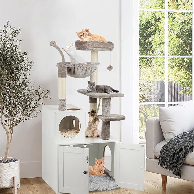 Timberer Cat Tree with Litter Box Enclosure, 2-in-1 Cat Tower for Indoor Cats, Large Wood Cat Condo with Basket, Scratching Posts, Pompoms, White