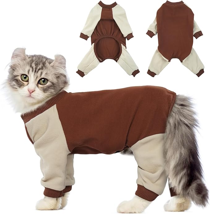 QBLEEV Sticky Hair Cat Clothes, Soft Cat Pajamas for Cats Only, Prevent Lost Fur Kitten Sweater Onesie, Stretchy Recovery Suit for Female Male Cats After Surgery Daily Wear, Brown, M