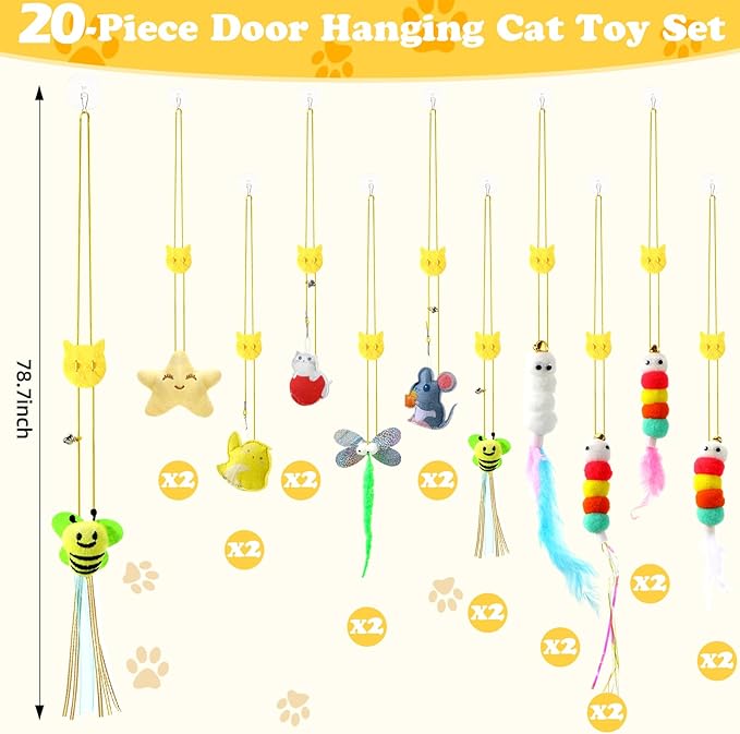 Leitee 20 Pcs Interactive Cat Toys with Hanging Balls Feather Teaser Retractable Toys for Indoor Kitten Self Play Make Fun Exercise Cat Enrichment Balls for Small/Medium/Large Cats to Keep Them Busy