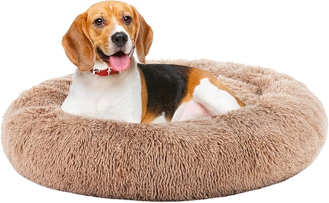 DUMOS Calming Donut Dog Beds for Large Dogs, 37.4x37.4 in Machine Washable Cuddler Warming Cozy Fluffy Faux Fur Plush Round Pet Bed, Anti-Slip Bed for Indoor Dogs and Cats, Brown