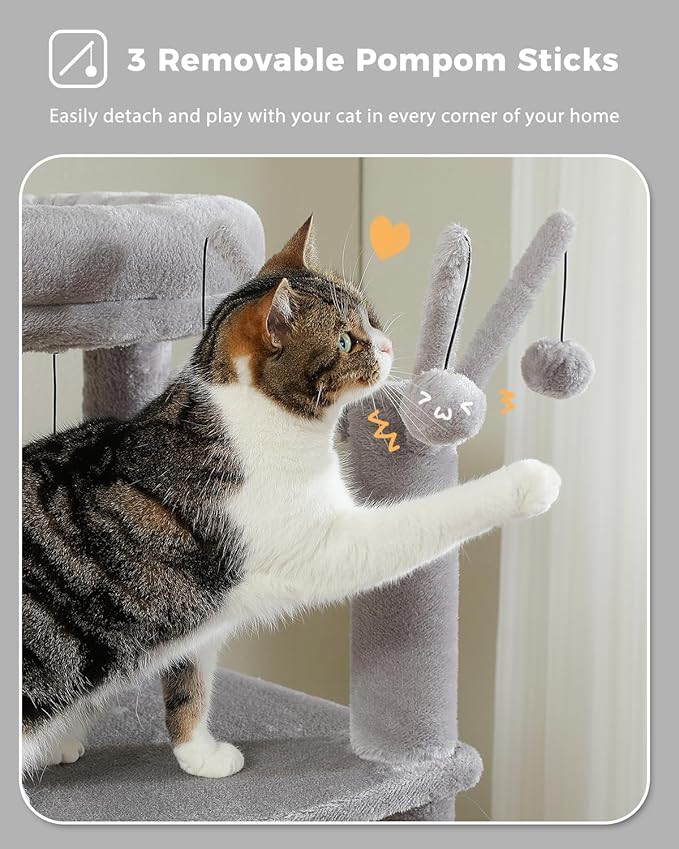 MUTTROS 59" Cat Tree, Tall Cat Tower for Large Cat, Multi-Level Tower with 3 Removable Pompom Sticks, Cat Tree for Indoor Cats, Condo with Large Hammock, Scratching Post, and 2 Perches, Grey