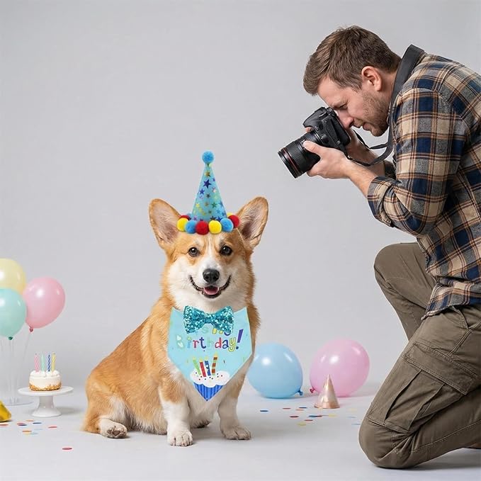 Pet Birthday Party Set with Hat and Bandana for Dogs and Cats with Star Pattern Design, Adjustable Sequin Bow tie Accessories, Blue Birthday Boy Scarf (Blue)