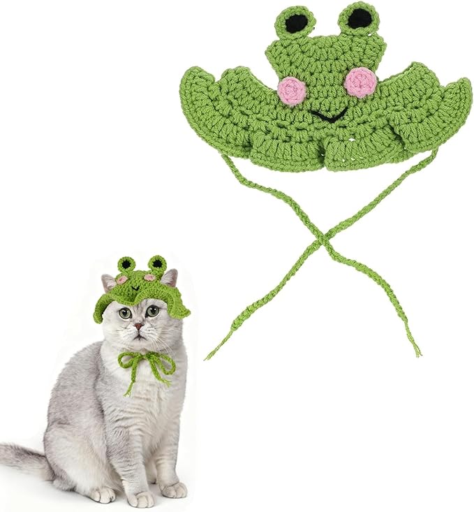 Frog Cat Hats,Cute Cat Caps Bonnet, Soft Cats for Kittens & Small Dogs,Outfits for Cats Cat Sombrero Perfect for Birthday Halloween Christmas Costume (Frog)