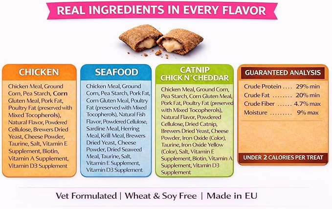 Calming Cat Treats for Indoor Cats Variety Pack – Crunchy Pillow Bites Gooey Center – Chicken Seafood Catnip Kitty Treats Cat Snacks Food Topper Wheat Soy Free Dental – 9oz (Packaging May Vary)