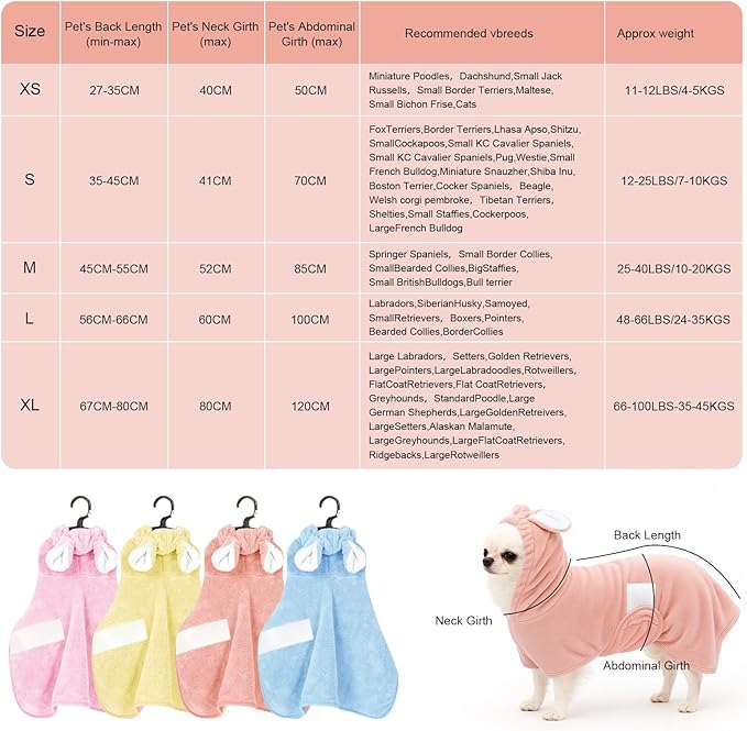 Pet Bathrobe Towel Dog Cat Drying Coat Super Absorbent Cute Dogs Bath Towel Hooded Robe Adjustable Collar & Belly Strap for XSmall to XLarge Pets (Coralpink, Small)