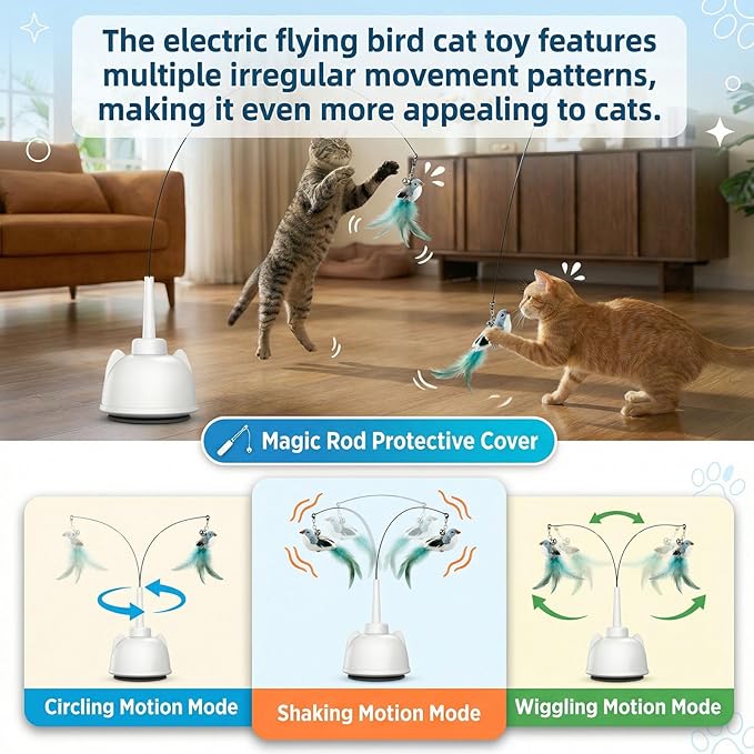 2 in 1 Electric Cat Wand Toy Interactive Cat Toys for Indoor Cats 360° Flying Bird Cat Toy, 2-Speed Fly Cat Chase Toy Automatic Cats Toys with Self ON/Off Suction Cup Electric Cat Teaser Wand