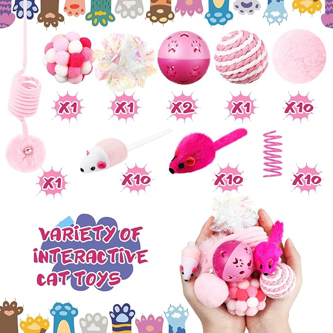 Gemscream 46 Pcs Cat Toys Set Interactive Cute Cat Toys Include Fur Mice Rattle Springs Crinkle Balls Pompom Bell Sisal Ball Puzzle Chase Toys for Kitten Indoor Stuff Gift(Pink)