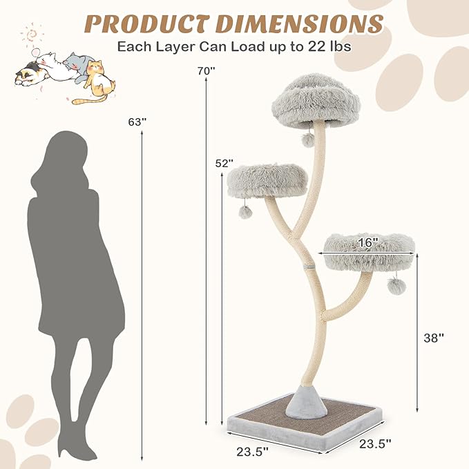 Tangkula Tall Cat Tree, 70 Inch Multi-Level Large Cat Tower with 3 Warm Perches, 3 Jingling Balls, Sisal Scratching Posts & Board, Modern Cat Tree for Indoor Cats Large Adult