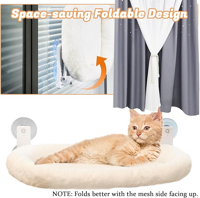 Extra Large Cat Window Hammock (23.8×11.8in) - Washable 2-Season Fabric Cover, 4 Strong Suction Cups, Solid Metal Frame - Foldable Cat Hammock for Large Cats/2 Cats, Cordless Design (White)