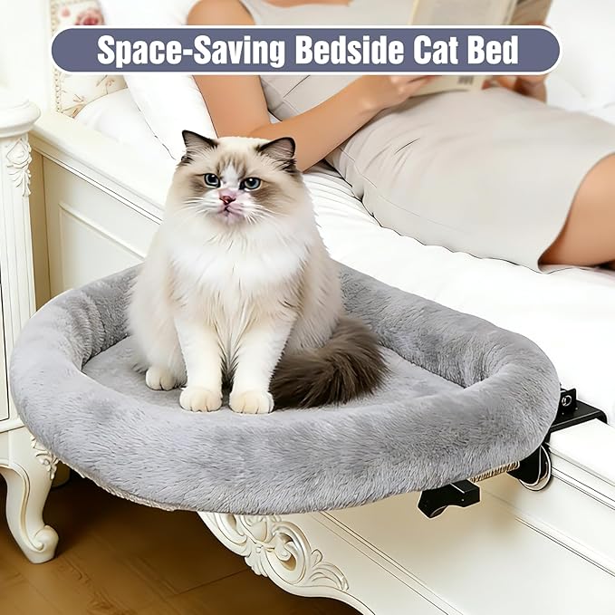 IPOW Heavy Duty Steel Frame 180°Rotating Cat Bedside Bed Semi-Circular Cat Bed for Bedside, Soft Faux Rabbit Fur Material, Suitable for Various Desktops-Maximum Hold Up to 40lb