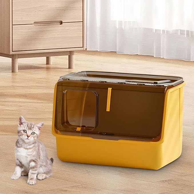 Hooded Cat Litter Box Enclosed Covered Toilet Container Sturdy Deep Pan Portable Pet Supplies Kitten Potty- Yellow