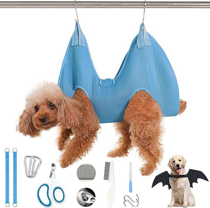 JIURUN Dog Grooming Hammock Harness (S), Dog Sling for Nail Trimming, Hanging Harness Holder for Nail Clippers, Pet Comb Bat Costume Wings for Cats Dogs