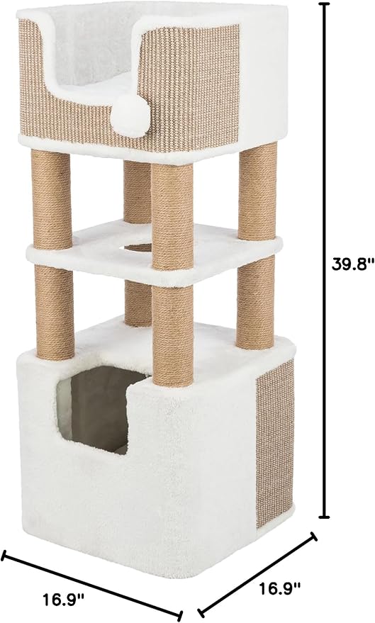 Trixie Lucano 39.8-in Cat Tree, Indoor Cat Furniture with Jute Scratching Posts, Sisal and Plush Covered Condo, Dangling Interactive Toys, Taupe