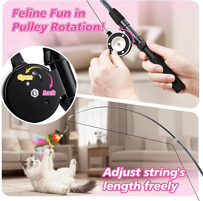 Pawaboo Cat Teaser Wand Toys, Cat Fishing Pole Toy with 3 Pack Feather Refills, 3-section Retractable Kitten Feather Toys with Pulley, Indoor Cats Teaser Catcher Exerciser with Bell,Rainbow + Rose Red