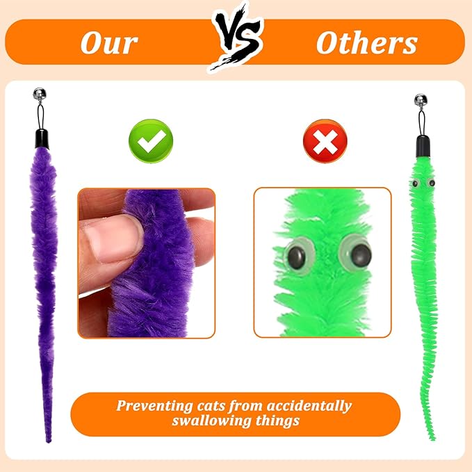 10 Packs Cat Worm Toys, Fuzzy Worm Cat Toy, Interactive Cats Wand Attachment Toys for Teaser Play and Chase Exercise with Kitten