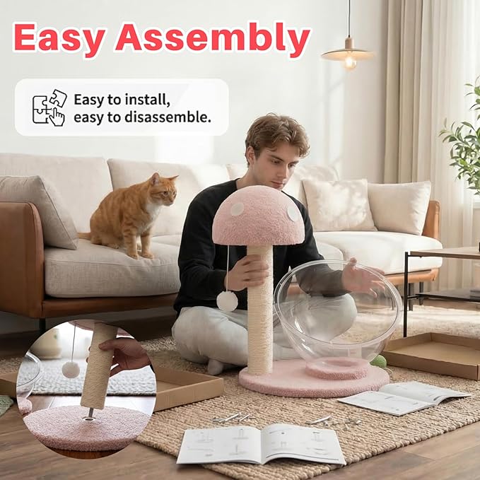 Mushroom Cat Tree for Kittens and Small Cats, 14.17" Cat Scratching Post with Clear Bowl Bed, Pink Sisal Scratcher with Pom Pom Toy, Stable Plush Base, Easy Assembly for Indoor Cats