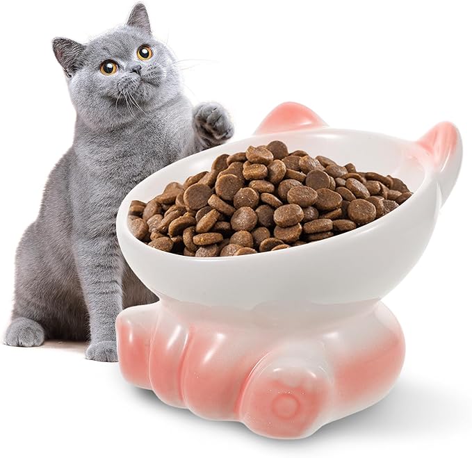 UKCOCO Elevated Tilted Cat Food Bowl with Porcelain Raised Pet Feeder Dish, Gradient White-Pink Ceramic Raised Plate for Cats and Small Dogs, Suitable for Indoor Feeding and Watering