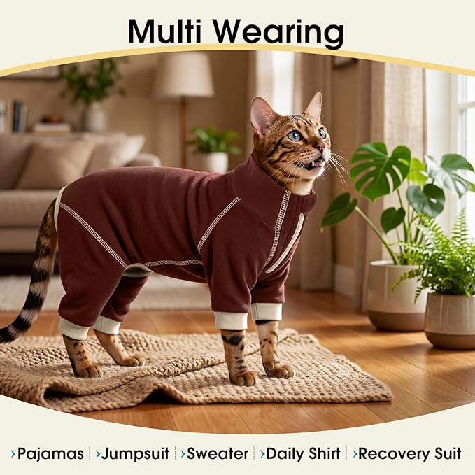 ROZKITCH Cat Sweaters for Cats Only, Cat Hair Sticky Shirt Reduce Shedding Around Your Home Over Grooming, Four Leg Surgery Suit Onesie After Surgery Cover Wound Brown S