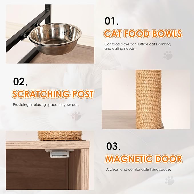 Modern Cat Tree Condo Tower Cat House Washroom Furniture Litter Box Enclosure with Scratching Posts, Feeding Bowl & Cat Teaser Ball, White+Gray (21.70" Lx16.90 Wx47.20 H)