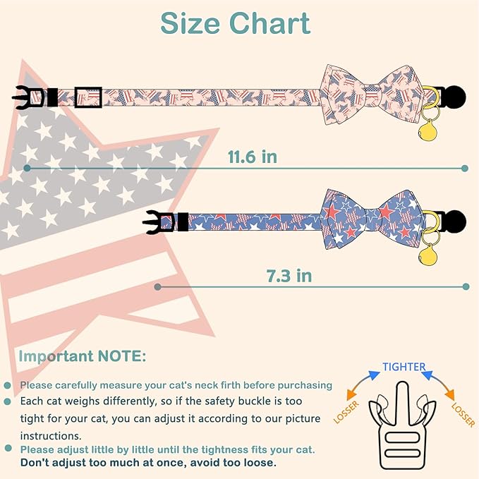 Faygarsle 2 Pack 4th of July Independence Day Cat Collar Cute Pink Blue American Flag Star Printed Collar with Bow tieBreakaway Cat Collar for Boy Girl Female Male Cats