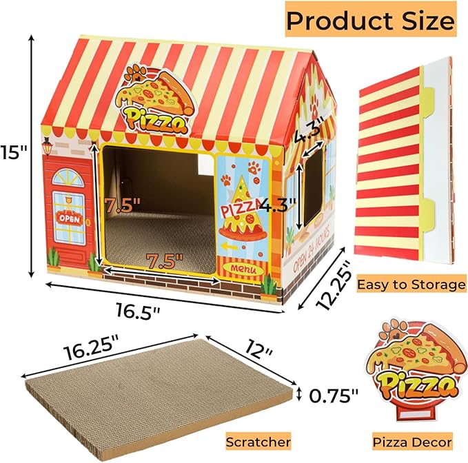 Tlence 2 Pack Cardboard Cat Houses with Scratcher, 16.5''x12.25''x15'' Cat Hideaway Playhouse, Kitty Scratching Beds for Indoor Cats, Pizza Shop Cat Furniture Condo Cave Tent for Bunny Small Animals
