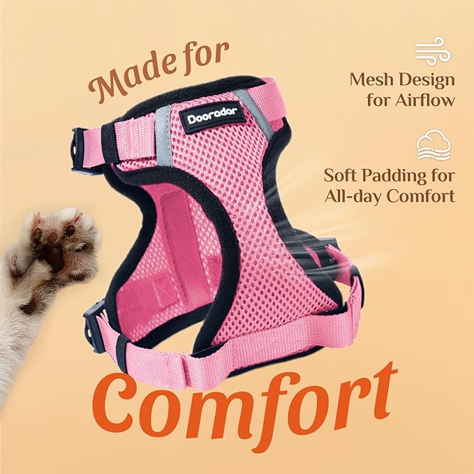 Dooradar Cat Harness and Leash Set, Escape Proof Soft with 3 Adjustable Buckles, Comfortable Vest Easy to Wear Kitten Harness with Reflective Strip, Safe for Outdoor Walking, Pink, XS