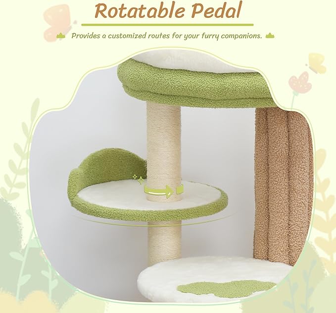 KAMABOKO 42.5" Cute Cat Tree, Green Cat Tree for Indoor Cats, Aesthetic Cat Tower with Teddy Fleece, Cats Condo, Unique Cat Furniture for Small Space - Perfect for Your Feline Pal
