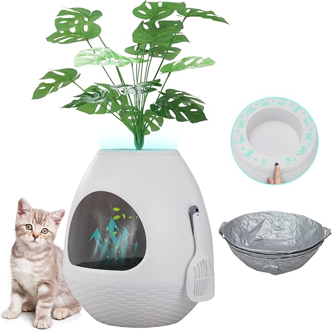 Eggloa6 Extra Large Hidden Litter Box with Plant Décor – Premium Litter Box Furniture with Smart Odor Control, 3PCS Cat Litter Box Liners for Ultimate Comfort and Cleanliness (White)