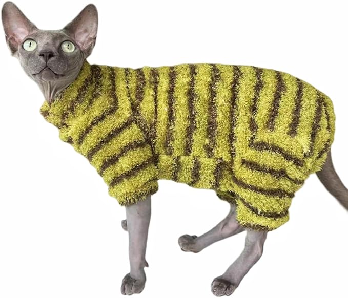 Sphynx Cat Clothes Four Leg Fleece Pajamas Super Soft Elastic Pet Clothes for Hairless Cat Surgery Recovery Suit Cat for Sphynx Devon Cornish (Green Black Stripe, X-Large)