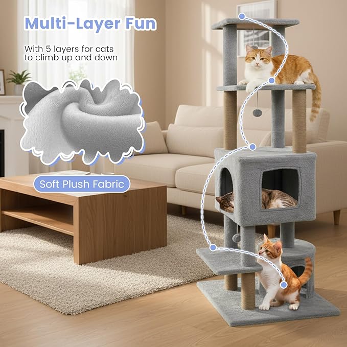 Tangkula 64 Inch Tall Cat Tree, Multi-Level Cat Tower with 2 Large Condos, Jute Scratching Posts, Plush Top Perch, Dangling Toys, Cat Climbing Furniture for Indoor Adult Cats & Kittens (Light Gray)