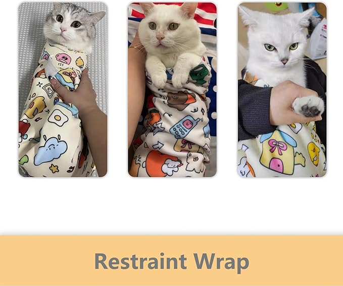 Cat Grooming Wrap - Multifunctional Anti-Bite & Scratch Blanket for Nail Trimming, Medicine, and Injection, Self-Sticking Wrap for Calm & Safe Pet Care (Cute Prints, L-27.6inch Within 15lbs)