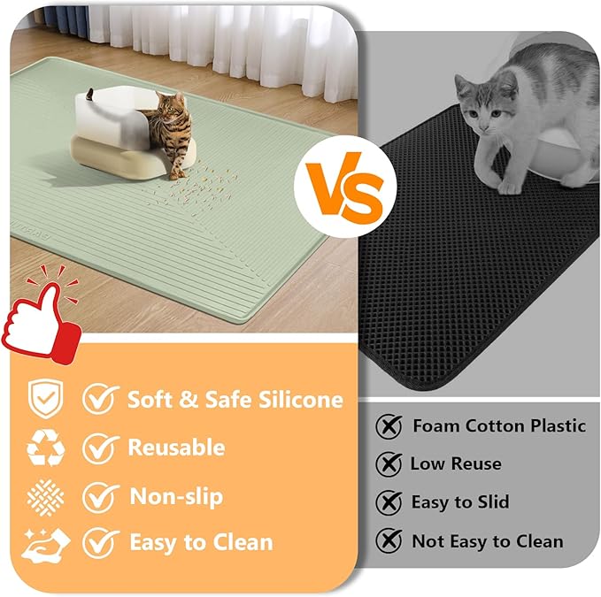 Silicone Cat Litter Mat, 50" x 36" Extra Large Litter Trapping Mat for Litter Box, Leak-Proof, Non-Slip, Kitty Litter Mats with Soft Texture for Floor, Keeping The Floor Clean (Green)