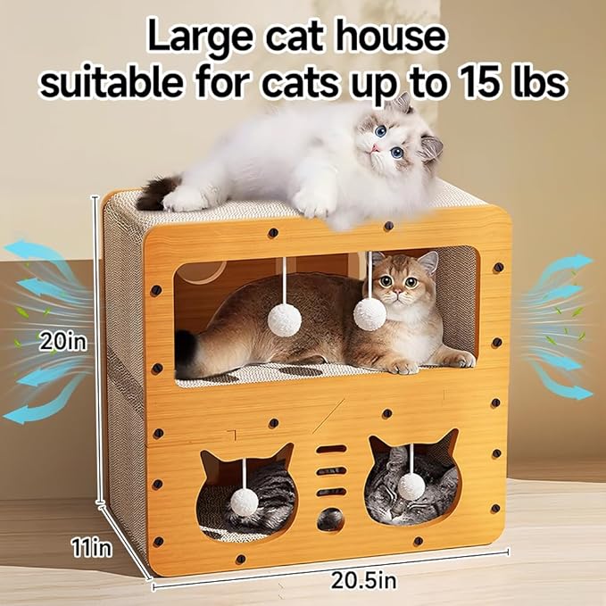 Breathable Cardboard Cat Scratcher House,Cat House for Indoor Cats,Wooden Cats Beds Condos，Bedsure Kitten Cave Furniture，Cute Playhouse Box，Large Size，Suitable for Cats up to 15 lbs