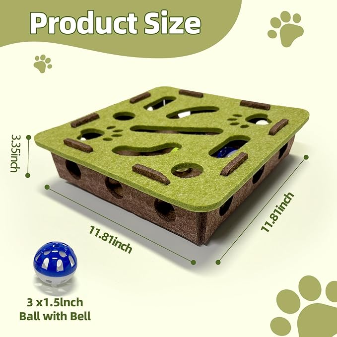 Interactive Soft Felt Cat Puzzle Toy with Ball and Bell，cat Nail File Enrichment Box，Cat Toy Box for Indoor Cats and Kittens，Indoor Hunting Play Toy (Green)