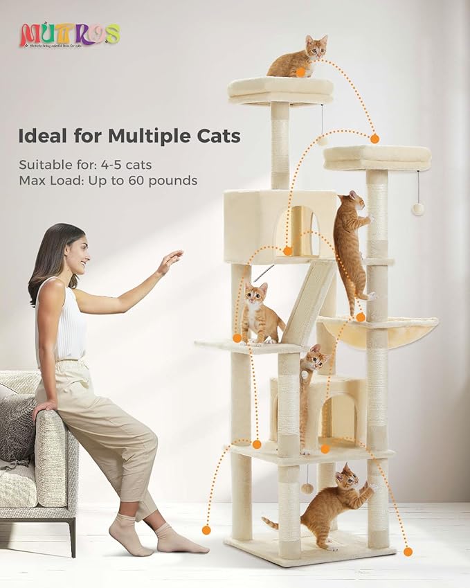MUTTROS Tall Cat Tree 70.9", Large Cat Tower for Indoor Cats, Multi-Level Plush Cat Condo with 6 Scratching Posts, 2 Scratching Boards, 2 Perches, 2 Caves, Hammock, 2 Pompoms, Beige