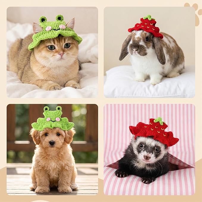 2Pcs Strawberry and Frog Cat Hat, Crochet Hats for Kitten Soft Cotton Cute Knitted Hat Christmas Birthday Halloween Party Costume Accessory for Kitten Small Pets