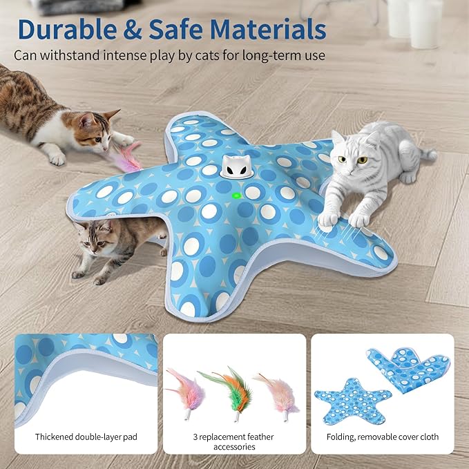 Rechargeable Interactive Cat Toys, Automatic Cat Toy for Indoor Cats, Durable Hide and Seek Cat Toy with Moving Concealed Feathers, Touch Activated Kitten Toys Cat Exercise Toys, Blue White Cover
