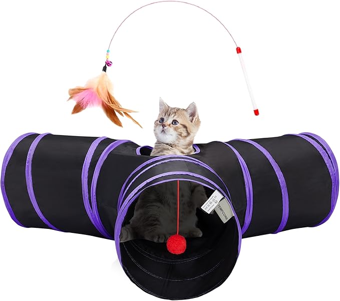 Tempcore Cat Tunnel for Indoor Cats, 3-Way Collapsible Play Tunnel with Teaser Wand, Peek Holes & Toy Ball, Small Pet Toy for Kittens & Rabbits, Black & Purple