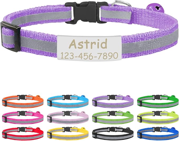 CAMAL Cat Collar with Name Tag, Reflective Cat Collar Breakaway for Kitten Puppy, Personalized Cat Collar, Adjustable 7.5"-12.5" (Light Purple)