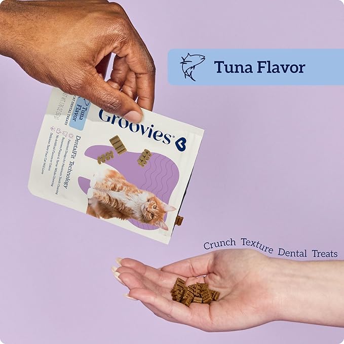 Groovies Cat Daily Dental Treats. Tasty, Crunchy Bites Cats Love. Tuna Flavor. Powered by USA-Patented DentalFit Technology. No Added Gluten, No Artificial Flavors or Colors. 7.05oz (460 Treats)
