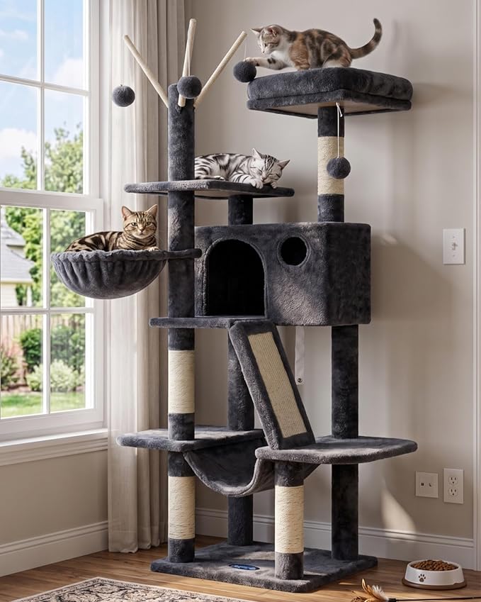 Hey-brother Cat Tree, 53 inch Cat Tower for Indoor Cats, Cat House with Padded Platform Bed, Toy Balls, Large Cozy Condo, Hammocks and Sisal Scratching Posts, Smoky Gray MPJ019-SG