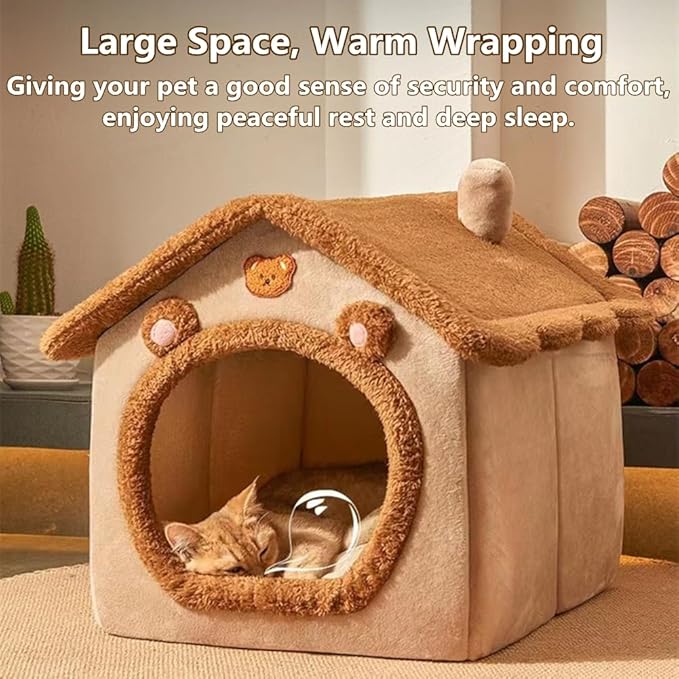 Cat Bed for Indoor Cats,Cozy Cat Cave Bed Cat House Cat Tent with Removable Cushion Pillow,Soft Warm Pet House Puppy Bed,Cute Bear Pet Nest for Cat Kitten Small Dogs (Brown, L-20.5x16.9x19.7 Inches)