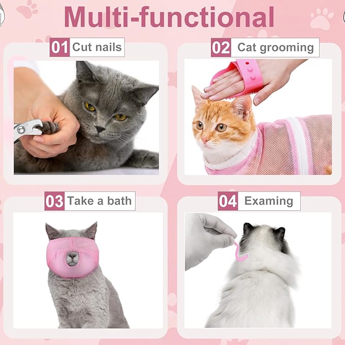 10 Pcs Cat Bathing Bag Set Mesh Shower Bag Anti Bite and Scratch Pet Grooming for Washing Brush, Cat Muzzle, Nail Clipper, Nail File, Tick Tool (Gray and Pink)