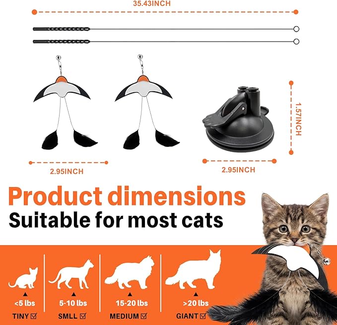 Walfront Interactive Cat Wand Toy with Strong Suction Cup Base, Bird Teaser with Bells, Triggers Hunting Instinct, Includes 2 Wands and 2 Replacement Birds, 35.4 Inch Wand for Indoor Cats