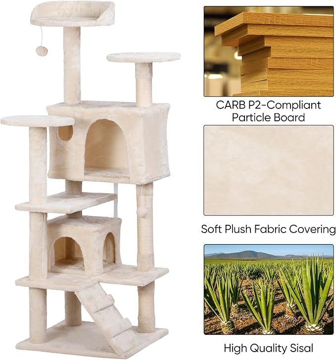 54in Cat Tree for Indoor Cats Multi-Level Condo Tower Bed Furniture Kitten Play House with Scratching Posts, Beige