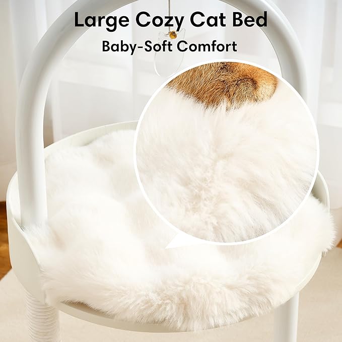 Modern Cat Tree, Wood Cat Tower with Steel Frame, Scratching Posts, Cat Capsule, Plush Mat, Bell Dangling Toy, Aesthetic Minimalist Heavy-Duty Cat Climbing Tree for Large Indoor Adult Cats-White