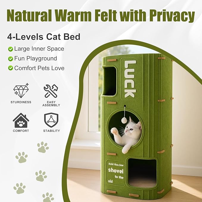 3-Tier Felt Cat House & Tunnel Bed for Indoor Cats – Enclosed Felt Cat Cave Condo with Plush Ball & Cushion – Cozy Hideaway Nest & Cat Furniture, Large Covered Casa para Gatos