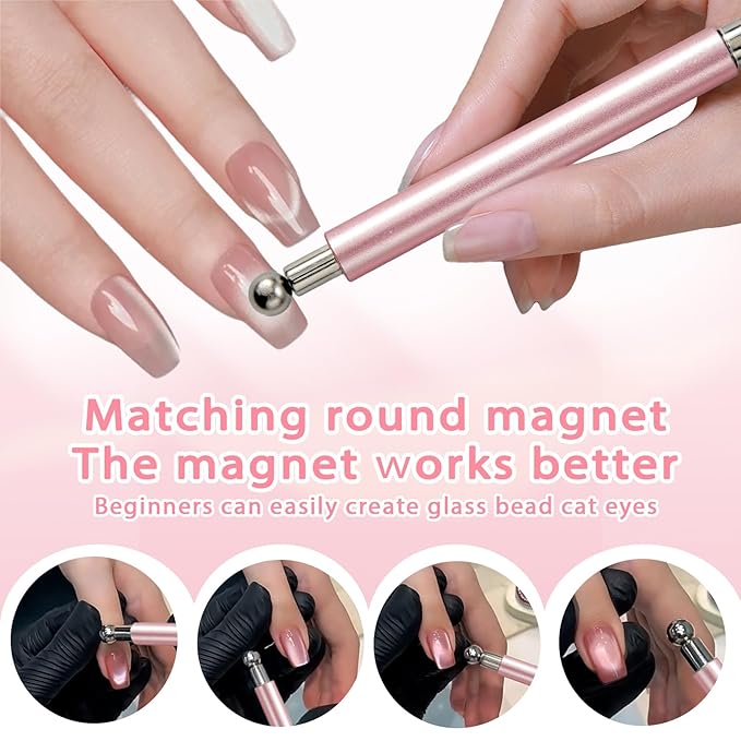 2 Pcs Cat Eye Magnets For Nails, Pink Double-Side Cylinder Nail Magnet With Big Bead Magnet And Black Point Magnet Pen For Cat Eye Gel Polish, Multi-Functional Cateye Magnets For Nails