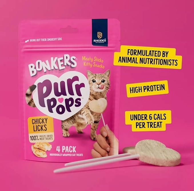 Bonkers Purrpops Chicky Licks Chicken Flavor Lollipop Freeze-Dried Cat Treats, 2 Packs with 1 Cat Pom Pom Balls Toy
