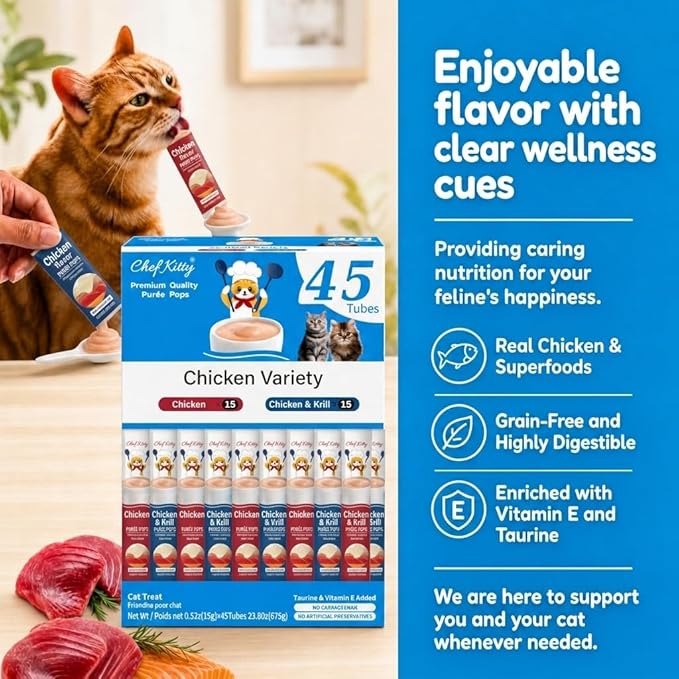 Purée Pops, Cat Treats, Grain-Free, Lickable, Squeezable Creamy Cat Treat/Topper with Vitamin E & Taurine, 0.5 Ounces Each Tube, 45 Tubes, Chicken Mix Variety